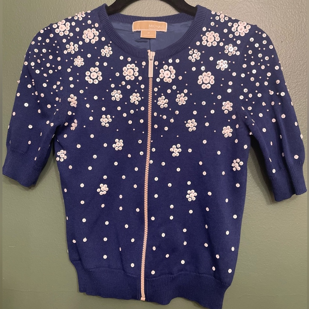 Michael Kors Embellished Zippered Short Sleeve Cardigan.